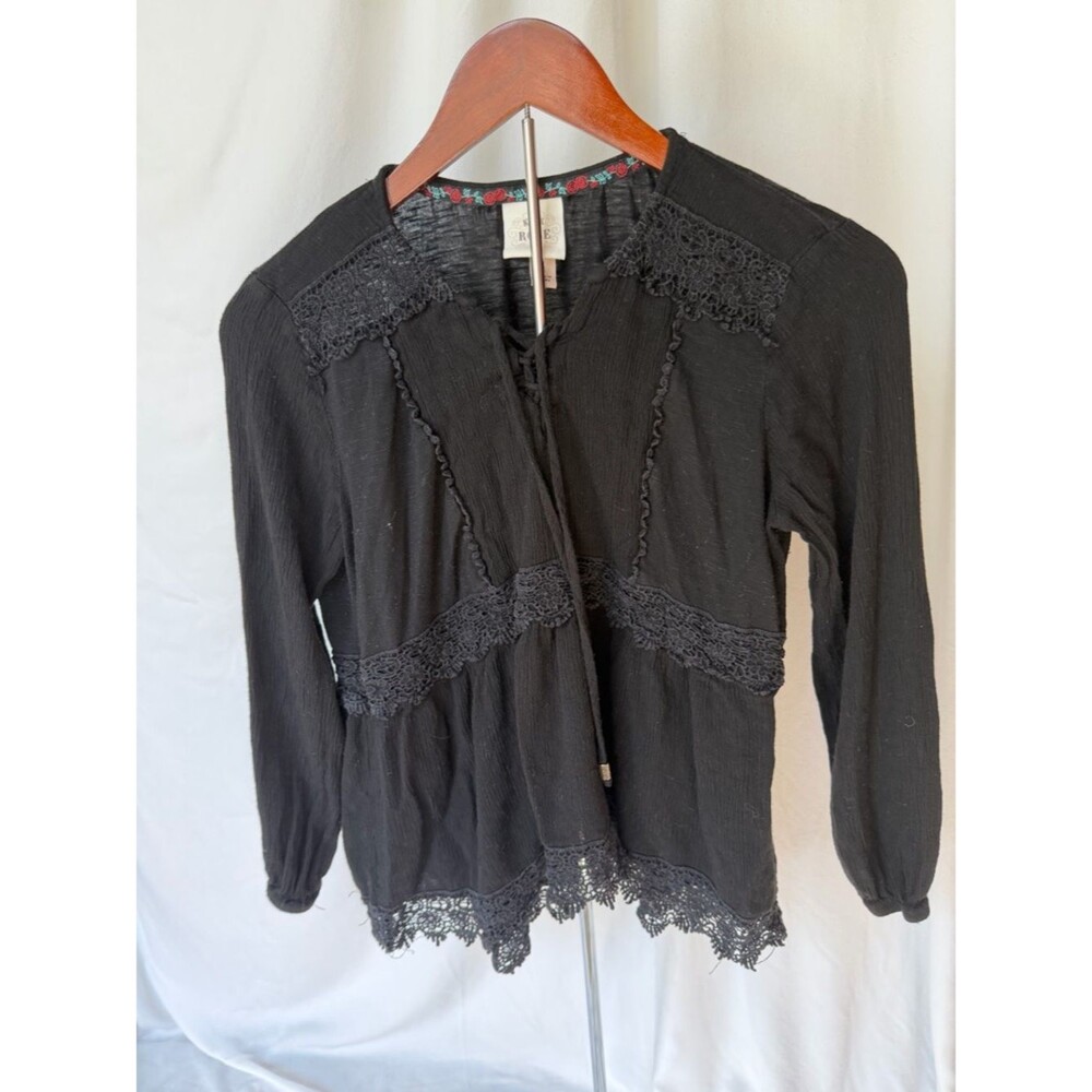 Knox Rose Black Lace-Trim Henley Blouse